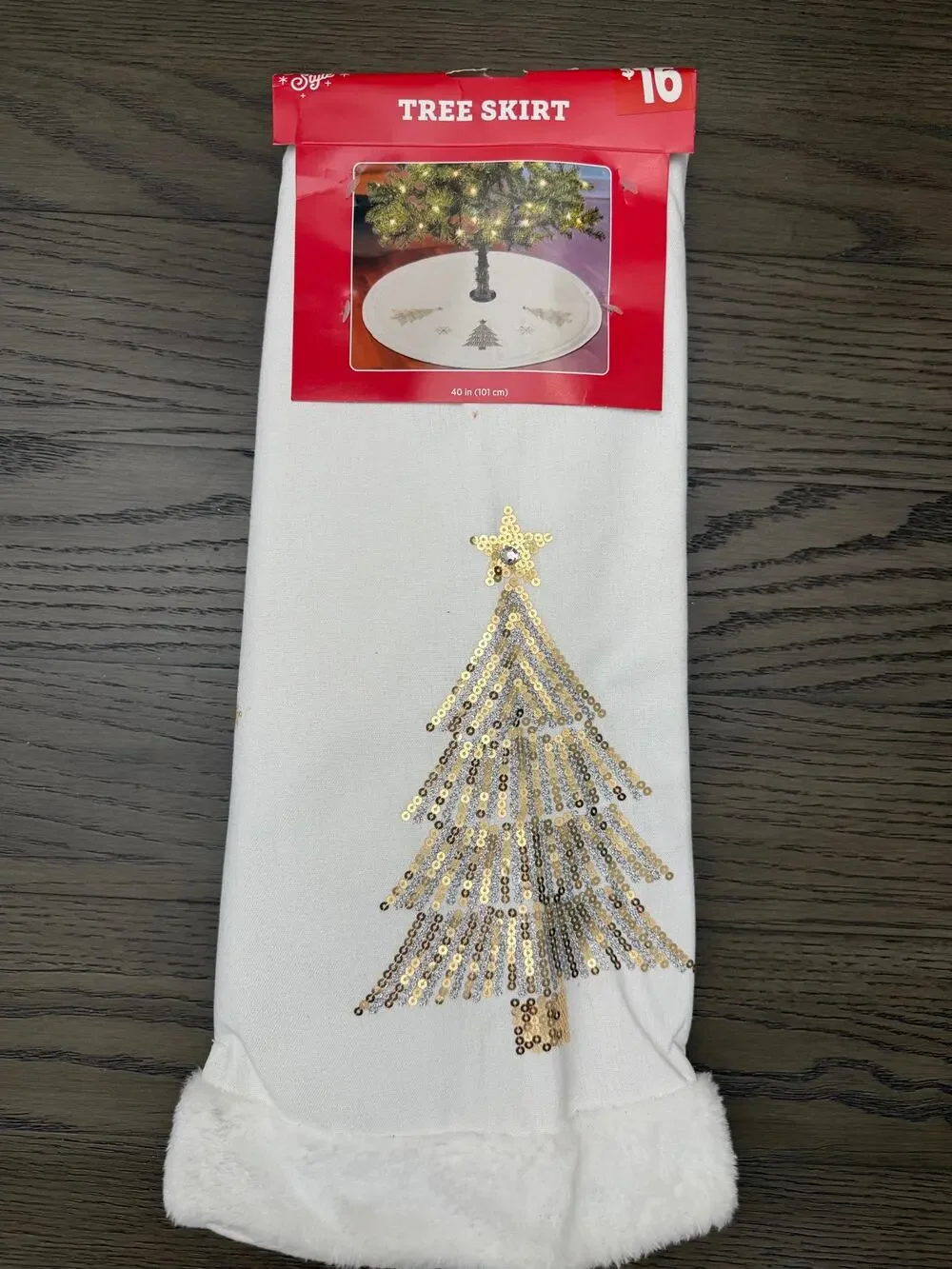 NWT 40” Cream Christmas Tree Skirt Gold Sequin Tree Faux Fur Trim